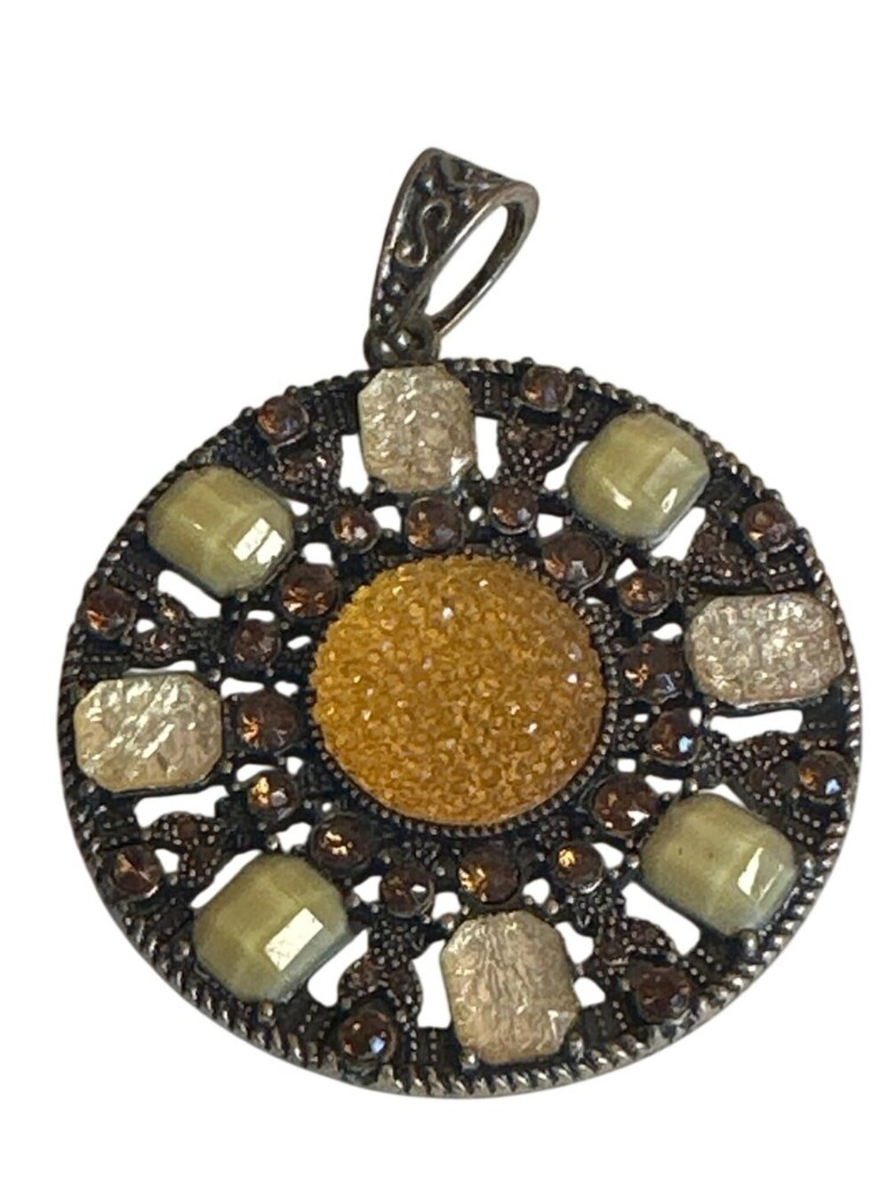 Vintage-Inspired Round Pendant Yellow Clear Stones Filigree Design Antique Style